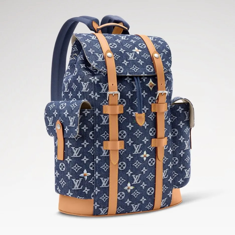 Louis Vuitton Christopher MM Backpack / Blue Monogram Flowers Denim Silver Hardware - Image 4