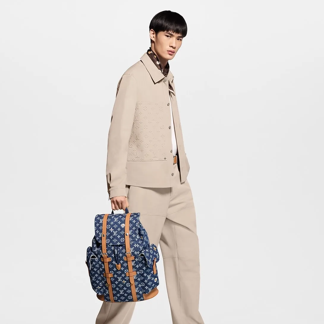Louis Vuitton Christopher MM Backpack / Blue Monogram Flowers Denim Silver Hardware - Image 3
