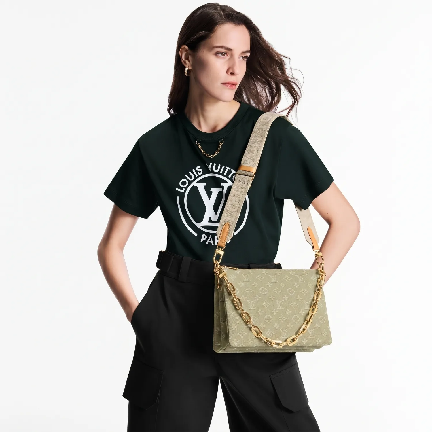 Louis Vuitton Coussin PM Shoulder Bag / Khaki Denim Gold Hardware - Image 2