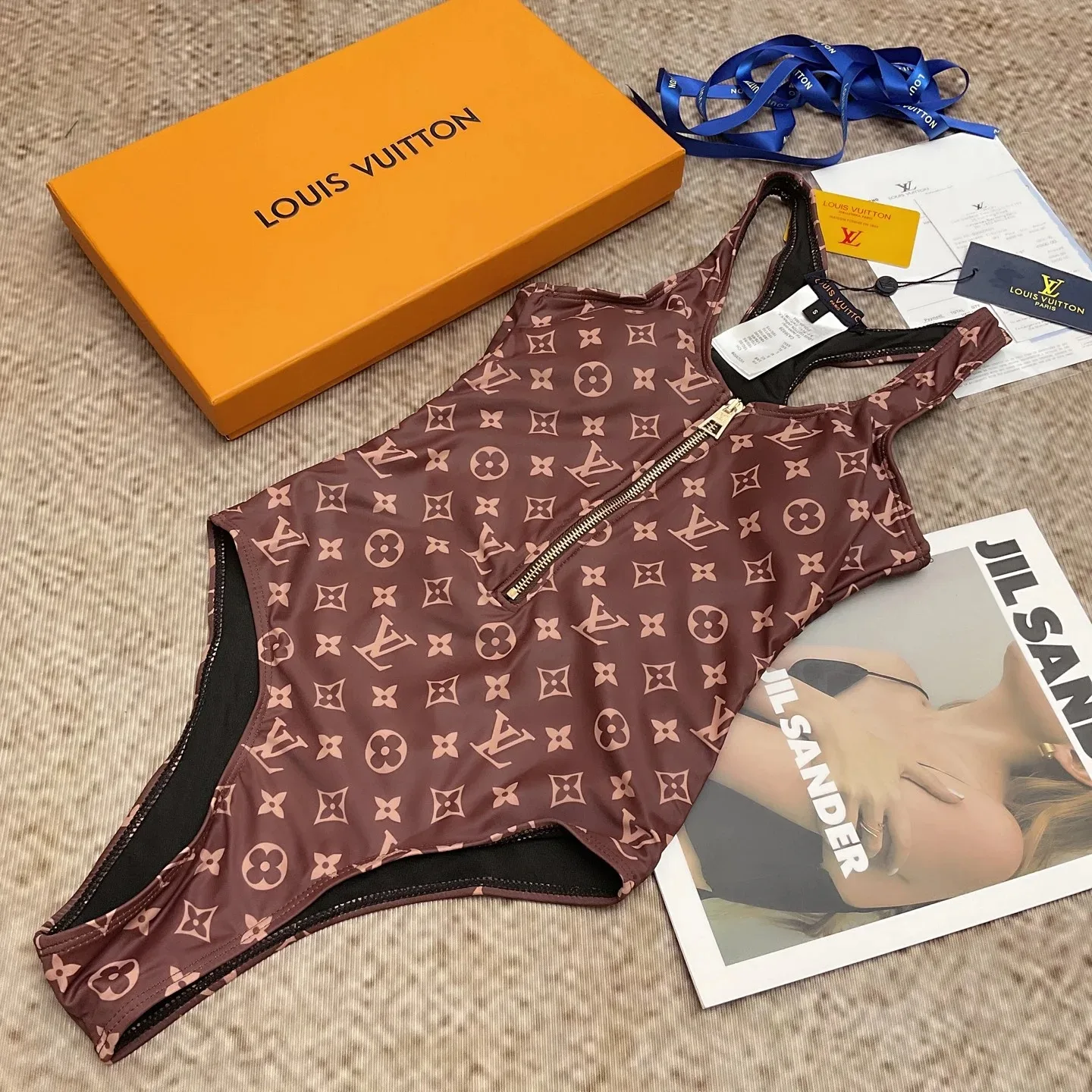 Louis Vuitton Front-Zip Racerback One-Piece Swimsuit Brown Monogram - Image 3