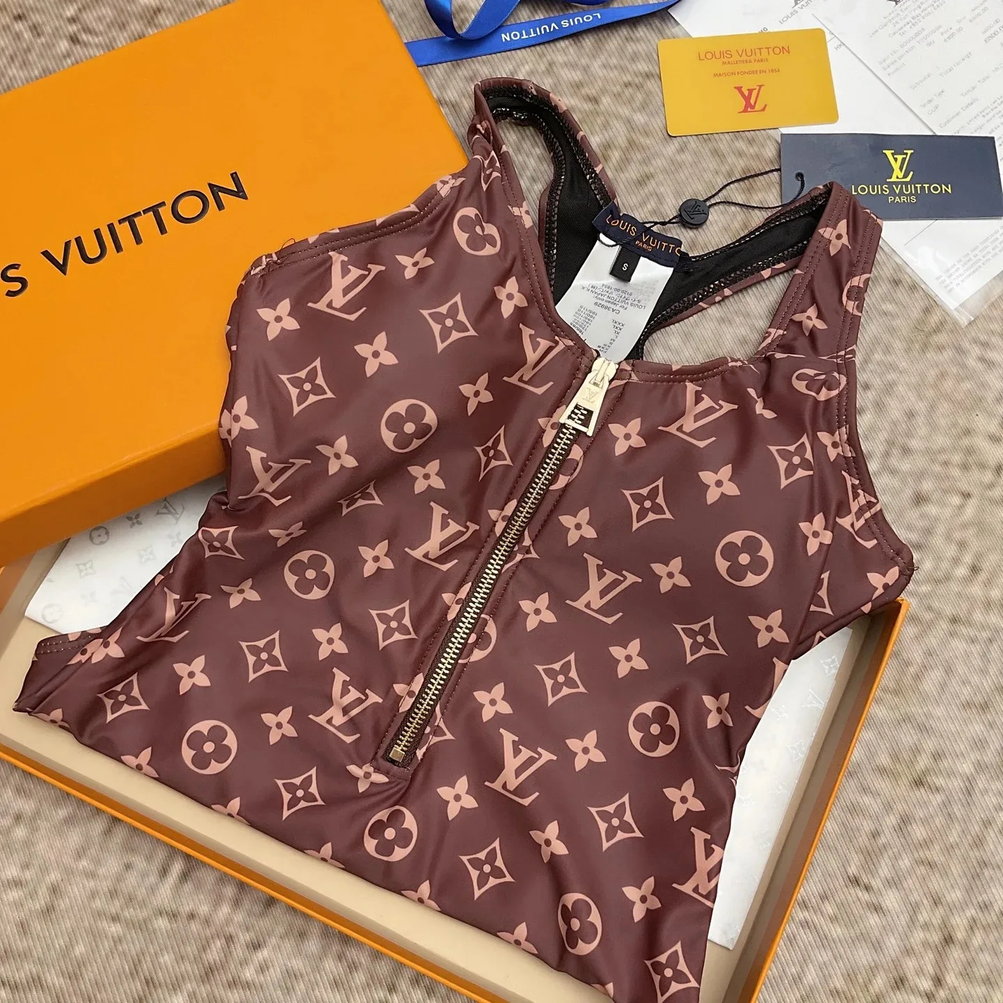 Louis Vuitton Front-Zip Racerback One-Piece Swimsuit Brown Monogram - Image 8
