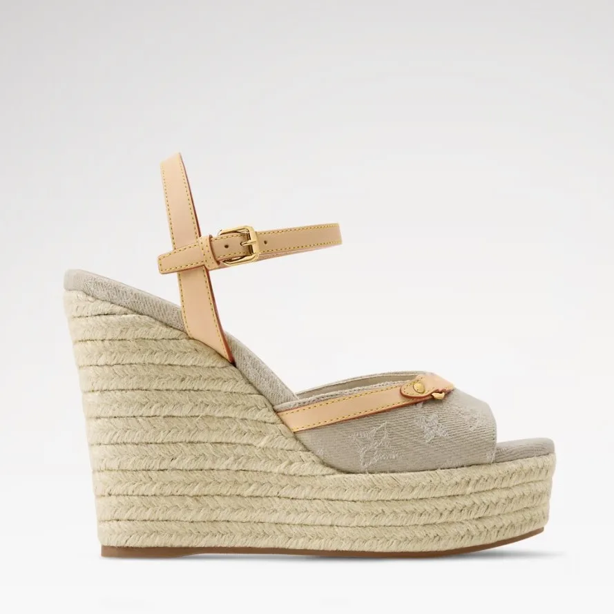 Louis Vuitton Helios Wedge Sandals Greige Denim 1AJKYG - Image 3