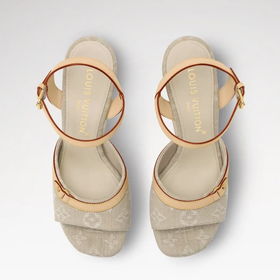 Louis Vuitton Helios Wedge Sandals Greige Denim 1AJKYG - Image 4
