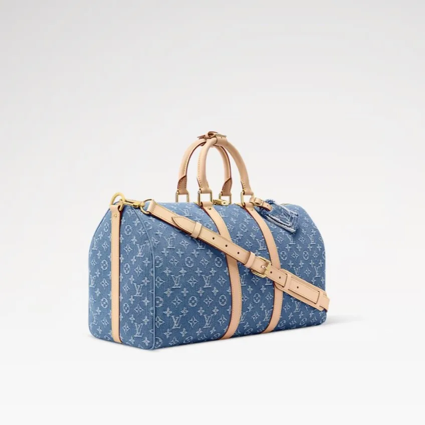 Louis Vuitton Keepall Bandouliere 45 Travel Bag / Blue Denim Gold Hardware - Image 4