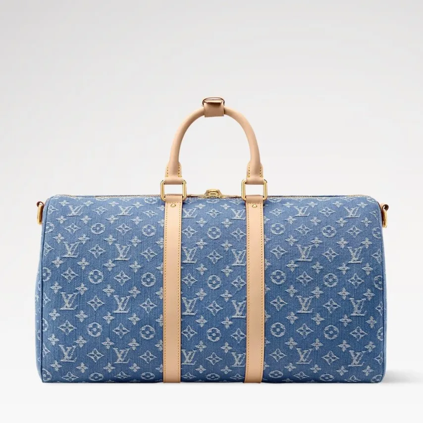 Louis Vuitton Keepall Bandouliere 45 Travel Bag / Blue Denim Gold Hardware - Image 6