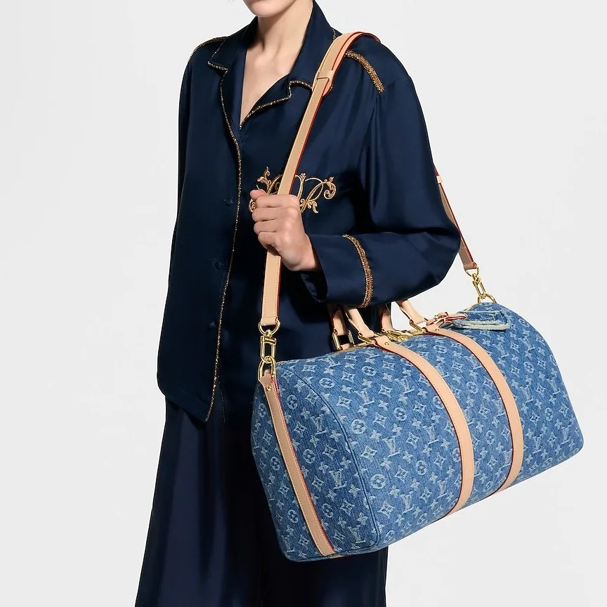 Louis Vuitton Keepall Bandouliere 45 Travel Bag / Blue Denim Gold Hardware - Image 3