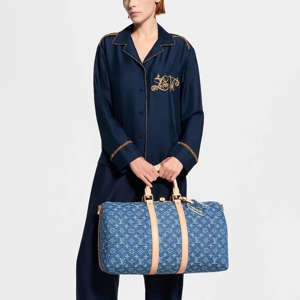 Louis Vuitton Keepall Bandouliere 45 Travel Bag / Blue Denim Gold Hardware - Image 2
