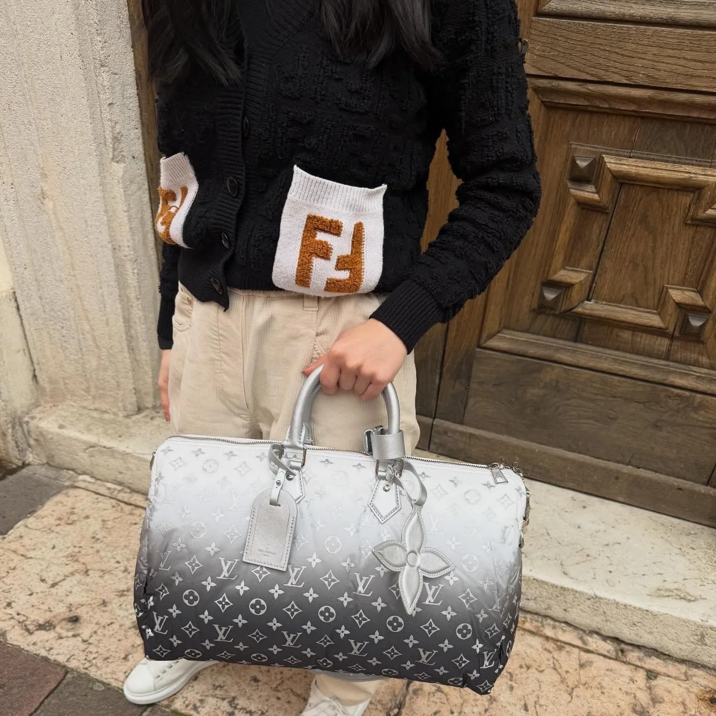 Louis Vuitton Keepall Bandouliere 45 Travel Bag / Frost Gradient Silver Hardware - Image 2