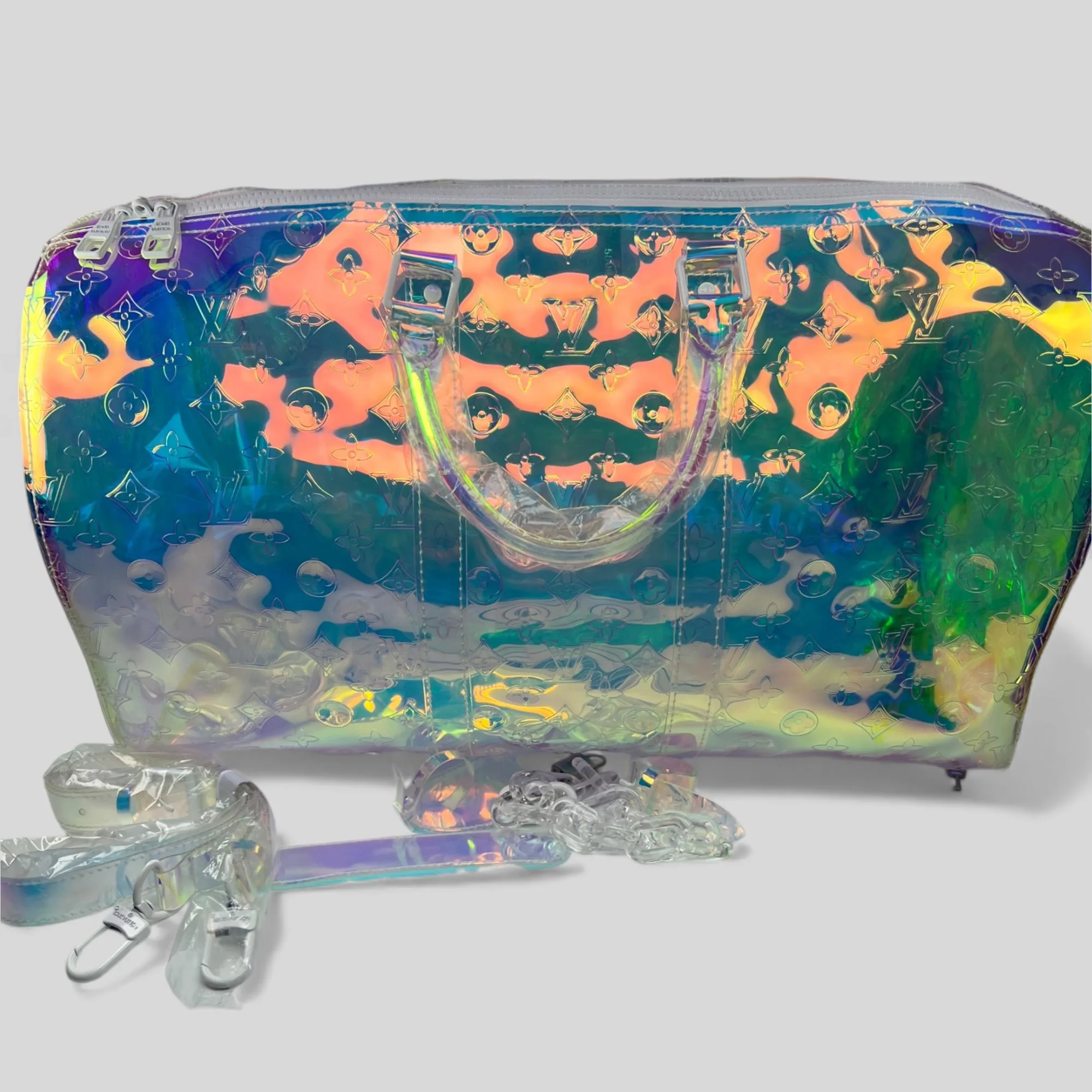 Louis Vuitton Keepall Bandouliere 50 Travel Bag / Iridescent Prism Monogram PVC Silver Hardware - Image 3