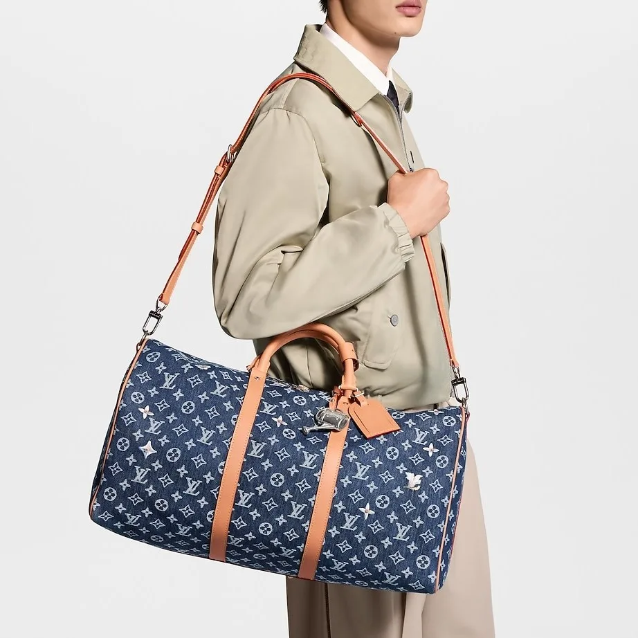 Louis Vuitton Keepall Bandouliere 50 Travel Bag / Blue Denim Silver Hardware - Image 3