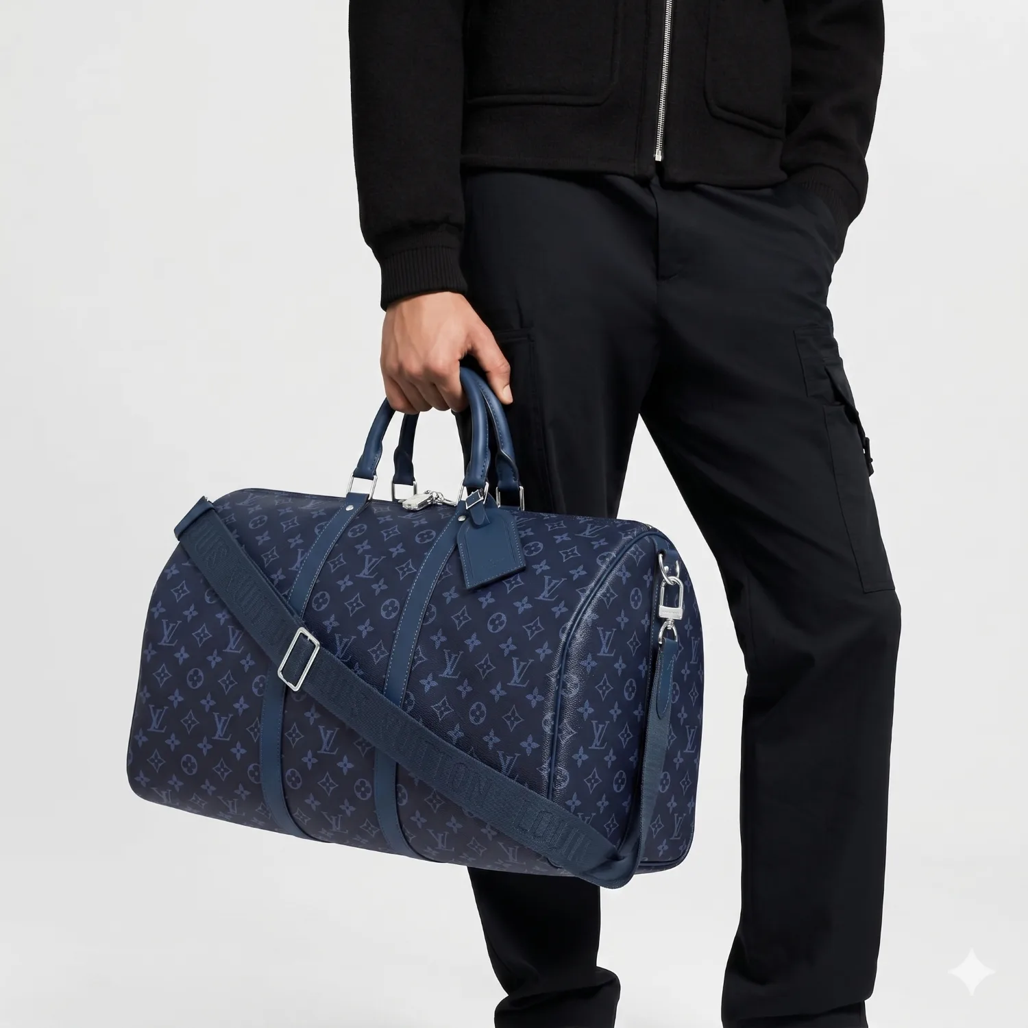 Alternative view of Louis Vuitton Keepall Bandouliere 55 Travel Bag / Navy Blue Silver Hardware