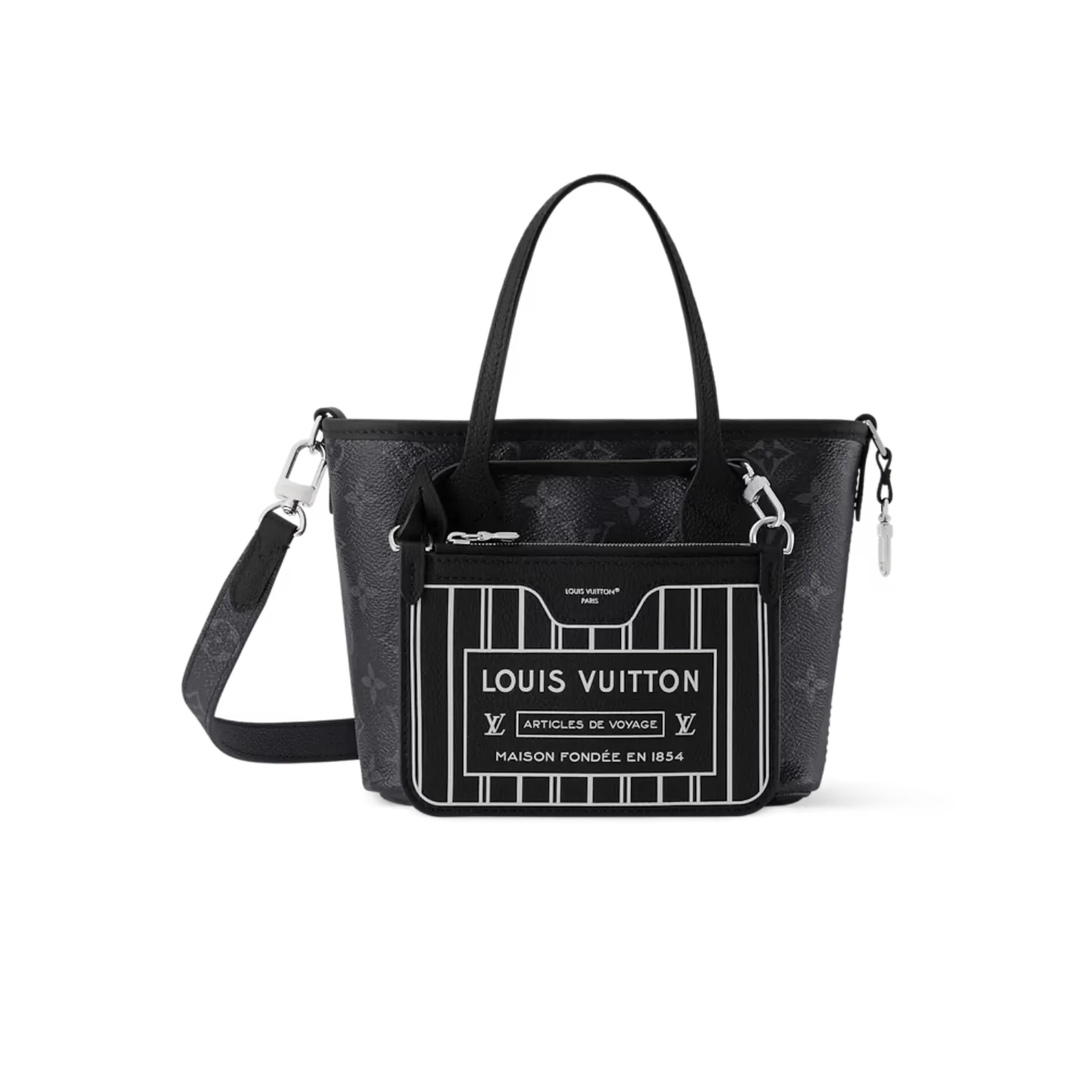 Louis Vuitton Neverfull Bandouliere Inside Out BB Tote Bag / Black Silver Hardware