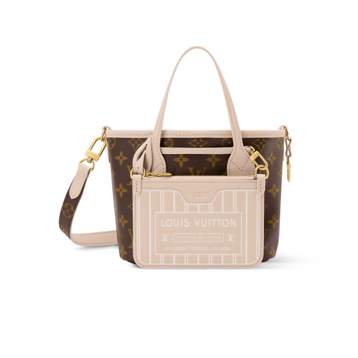 Louis Vuitton Neverfull Bandouliere Inside Out BB Tote Bag / Limestone Gold Hardware