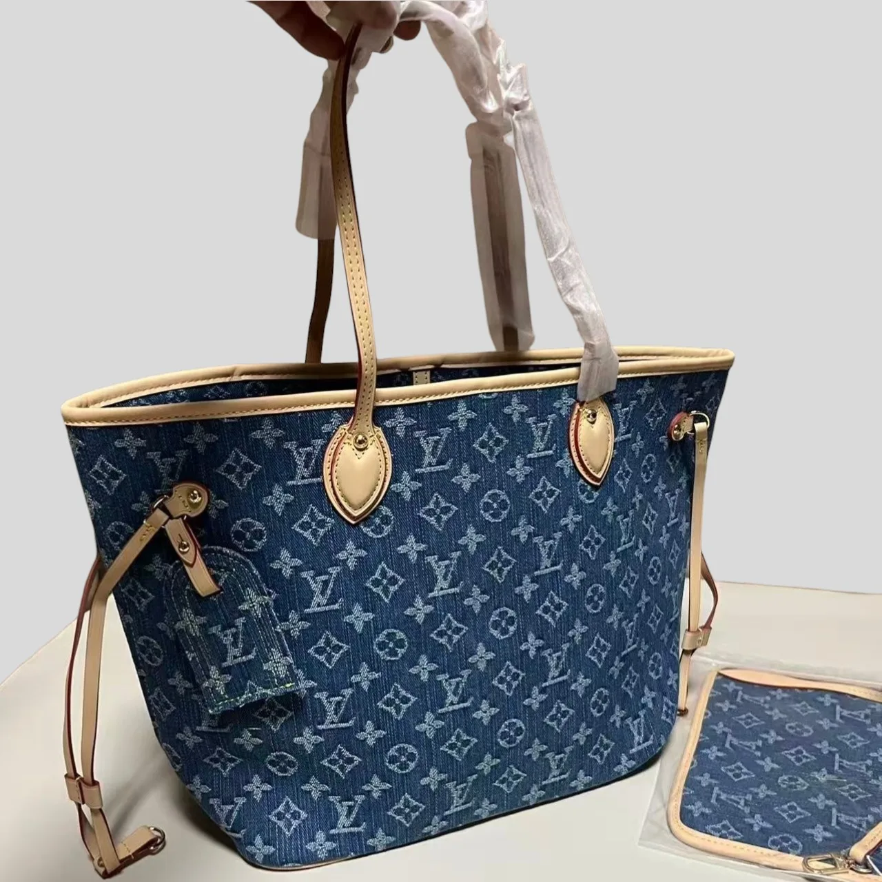 Louis Vuitton Neverfull MM Tote Bag / Blue Denim Gold Hardware - Image 3