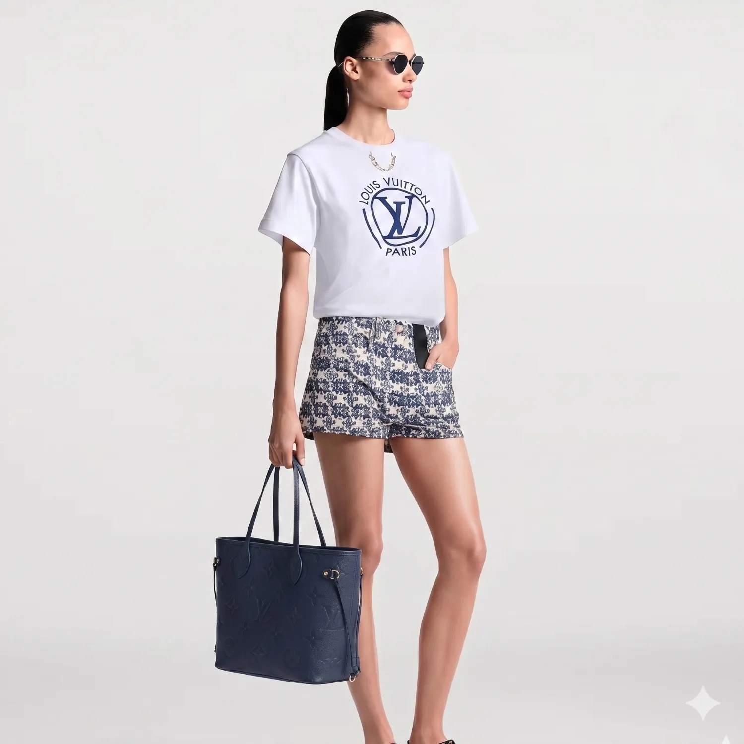 Louis Vuitton Neverfull MM Tote Bag / Navy Blue Monogram Empreinte Gold Hardware - Image 2