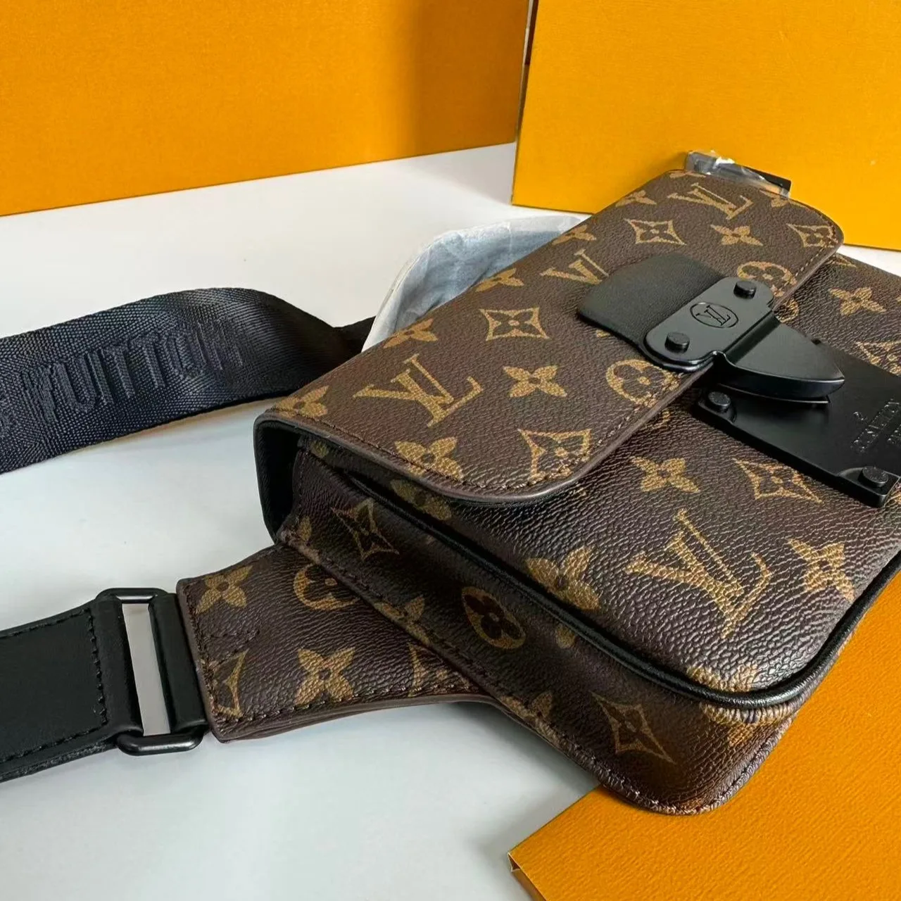 Louis Vuitton S-Lock Sling Monogram Macassar Black - Image 9