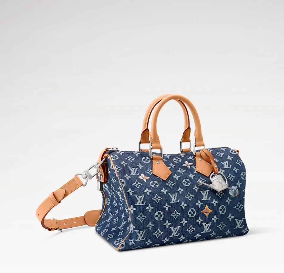 Louis Vuitton Speedy Bandouliere 30 Top Handle Bag / Blue Monogram Flowers Denim Silver Hardware - Image 4