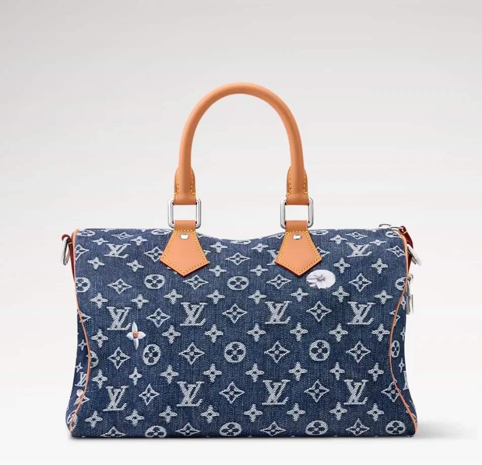 Louis Vuitton Speedy Bandouliere 30 Top Handle Bag / Blue Monogram Flowers Denim Silver Hardware - Image 6