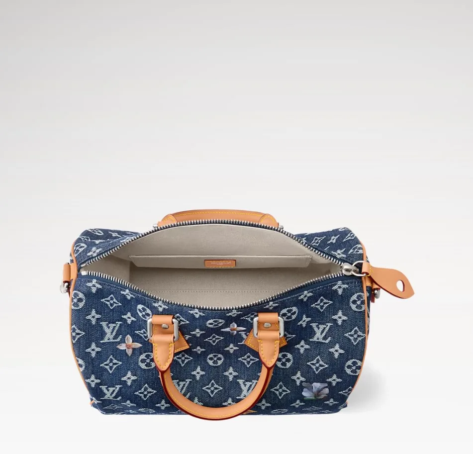 Louis Vuitton Speedy Bandouliere 30 Top Handle Bag / Blue Monogram Flowers Denim Silver Hardware - Image 5