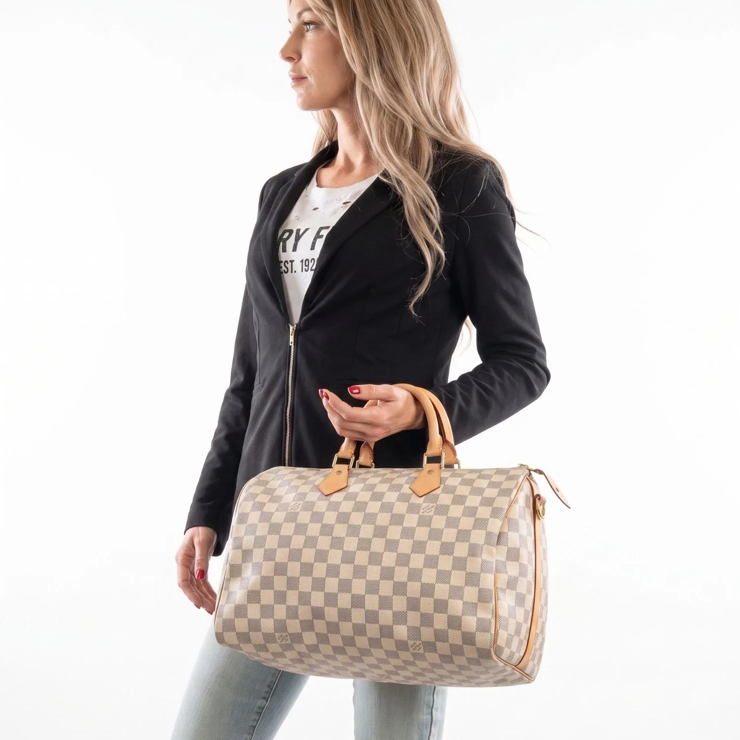 Alternative view of Louis Vuitton Speedy 35 Top Handle Bag / White Damier Azur Canvas Gold Hardware