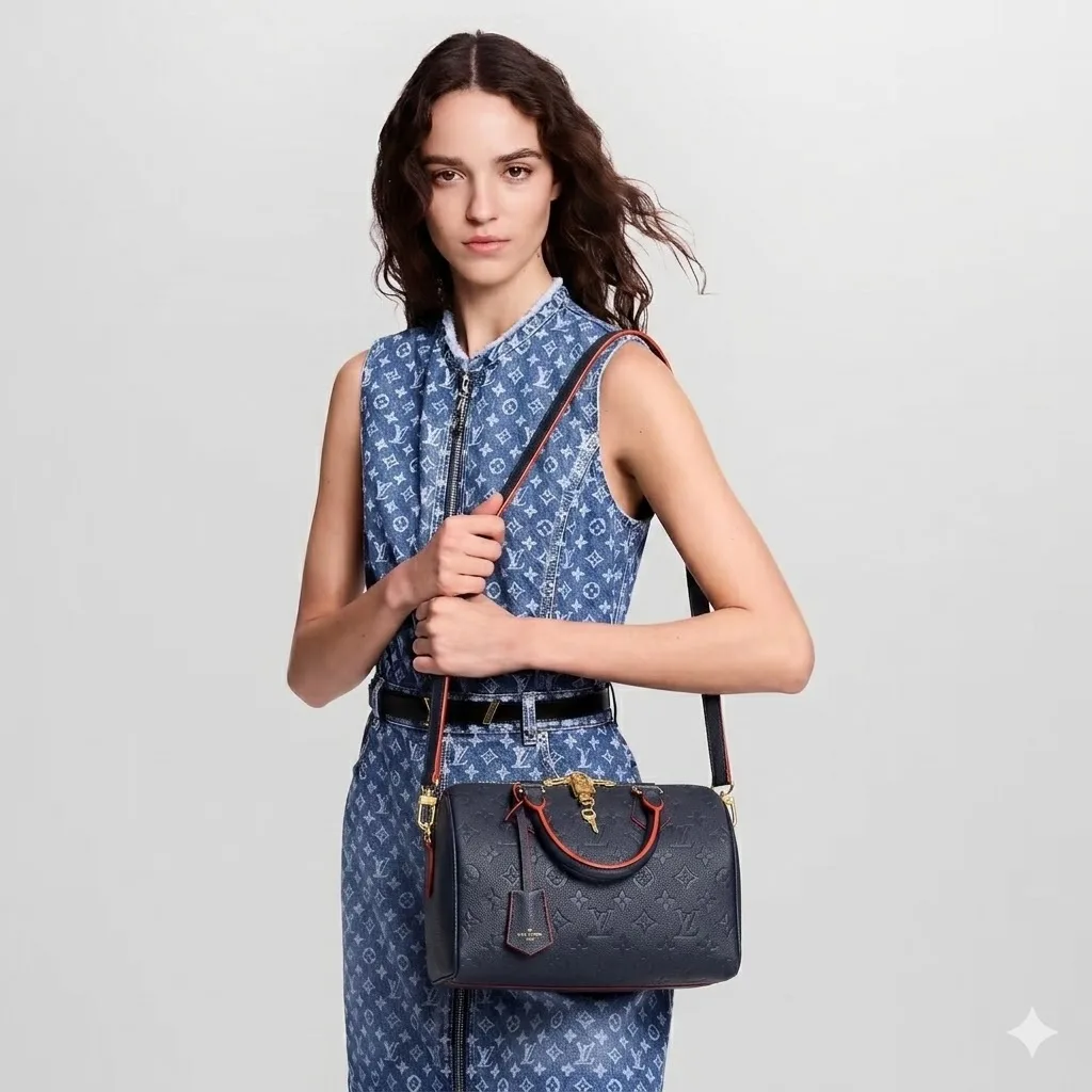 Alternative view of Louis Vuitton Speedy Bandouliere 25 Top Handle Bag / Navy Blue Monogram Empreinte Gold Hardware