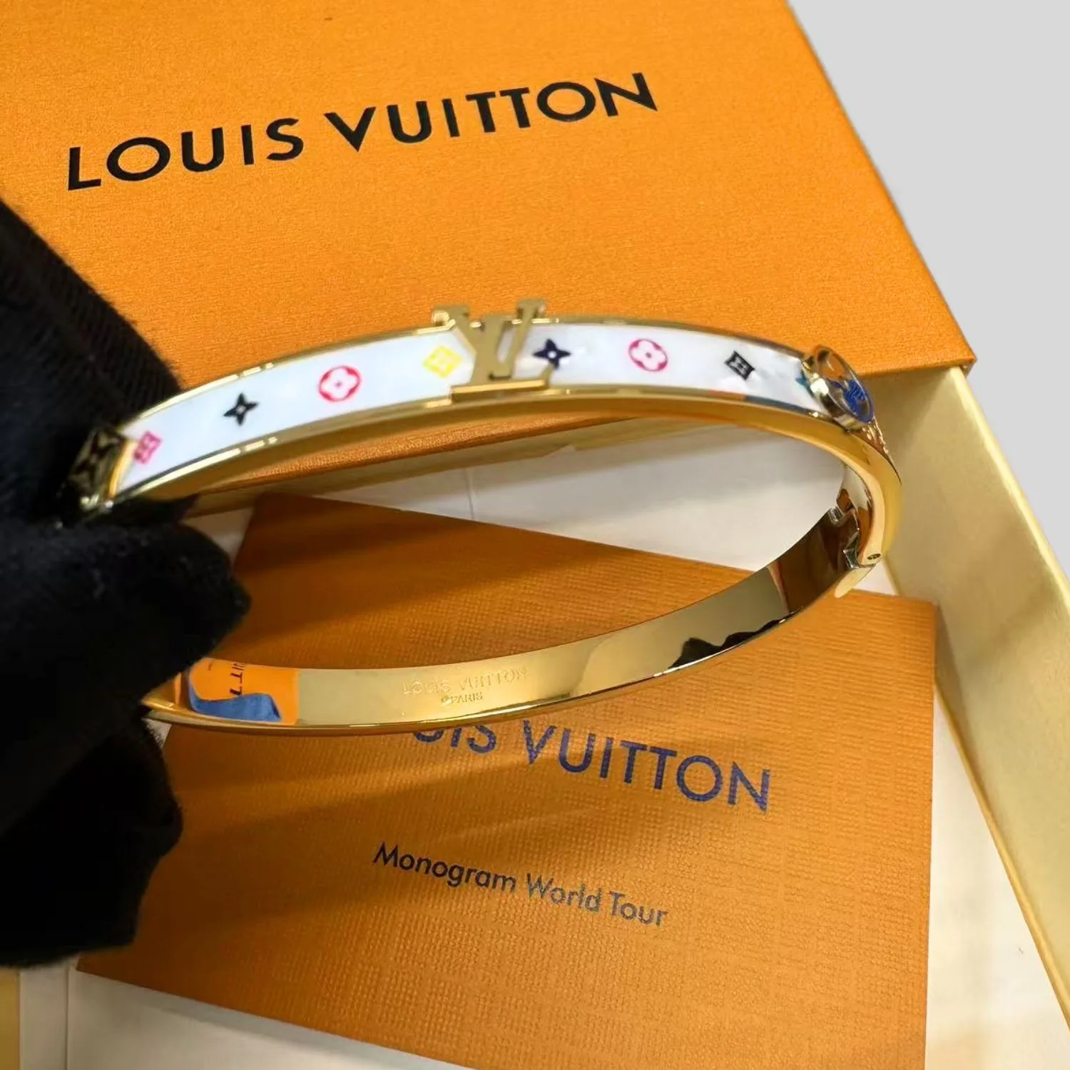 Louis Vuitton Monogram Cuff Bangle Gold Hardware - Image 3