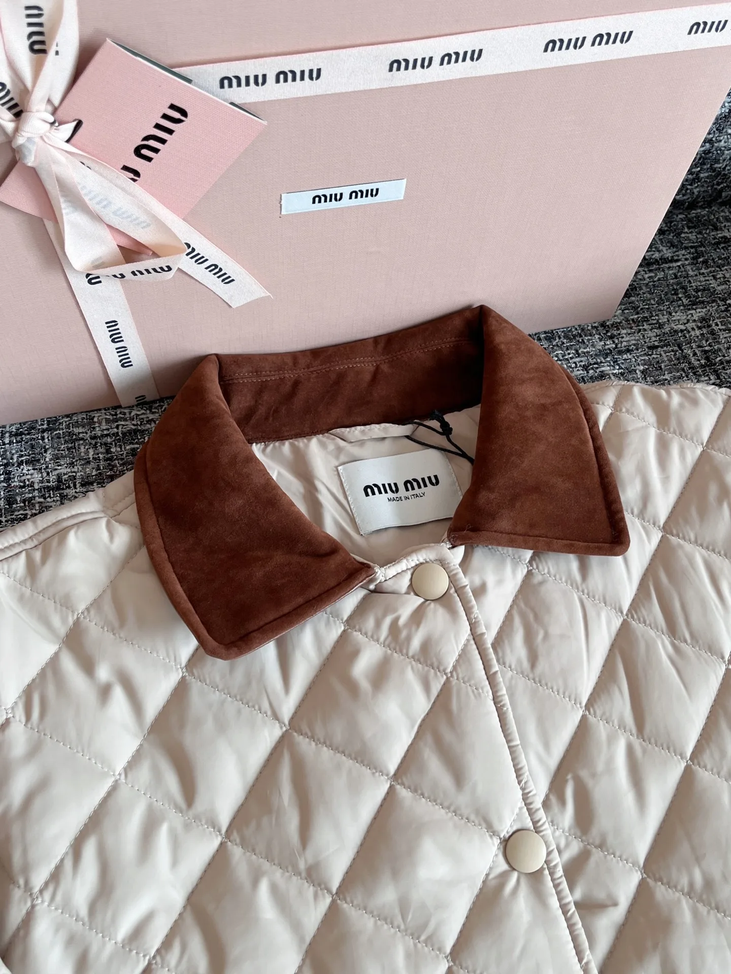 Miu Miu Quilted Jacket With Velvet Collar Beige - Image 3