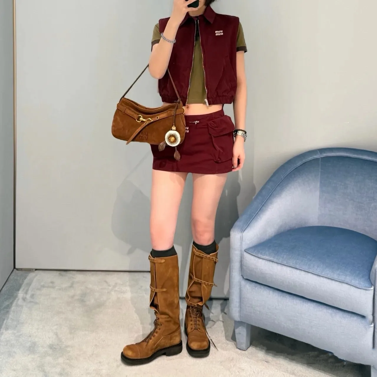 Alternative view of Miu Miu Technical Poplin Cargo Mini Skirt Bordeaux