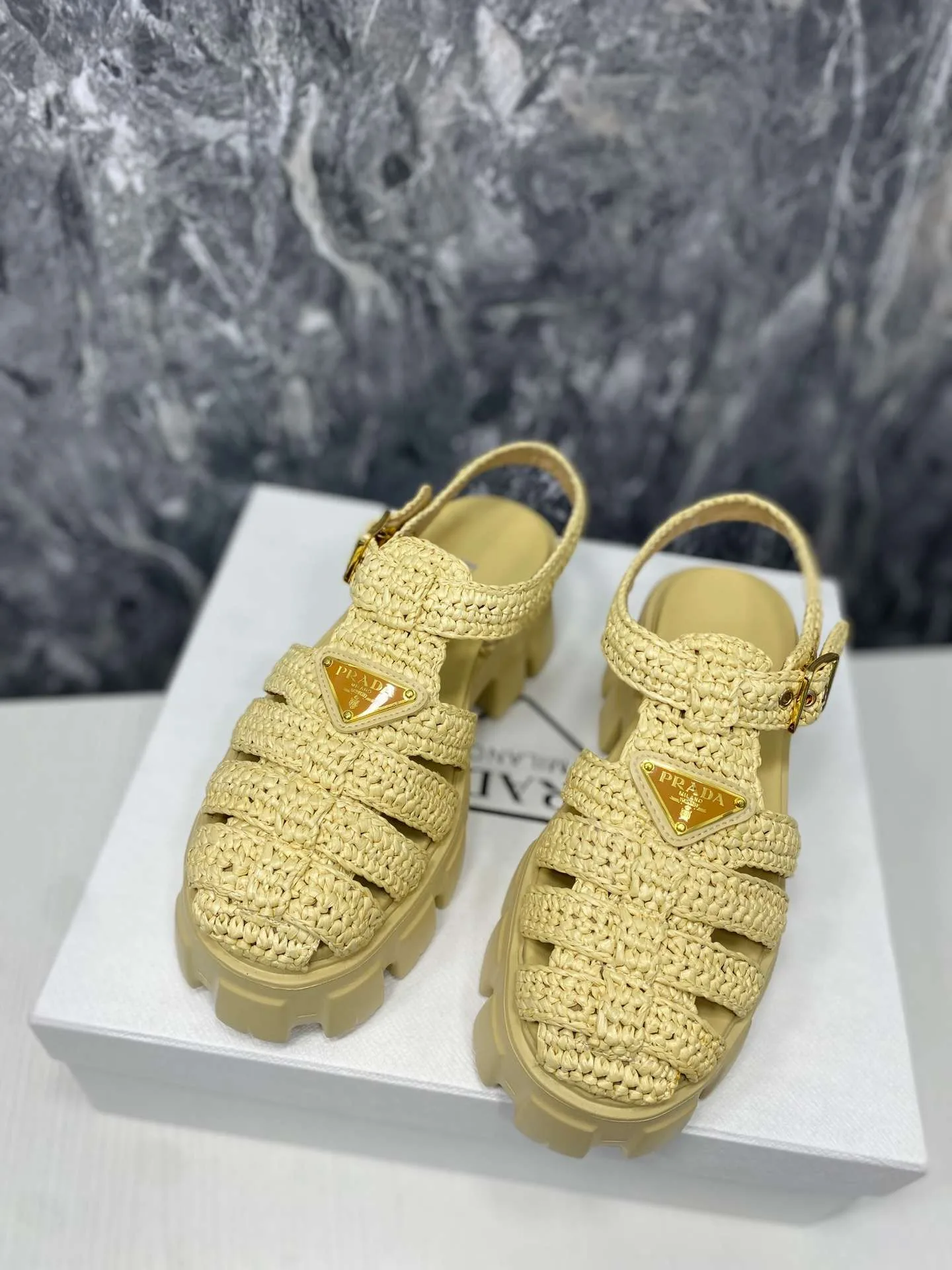 Prada Monolith Crochet Cage Sandals Yellow - Image 6