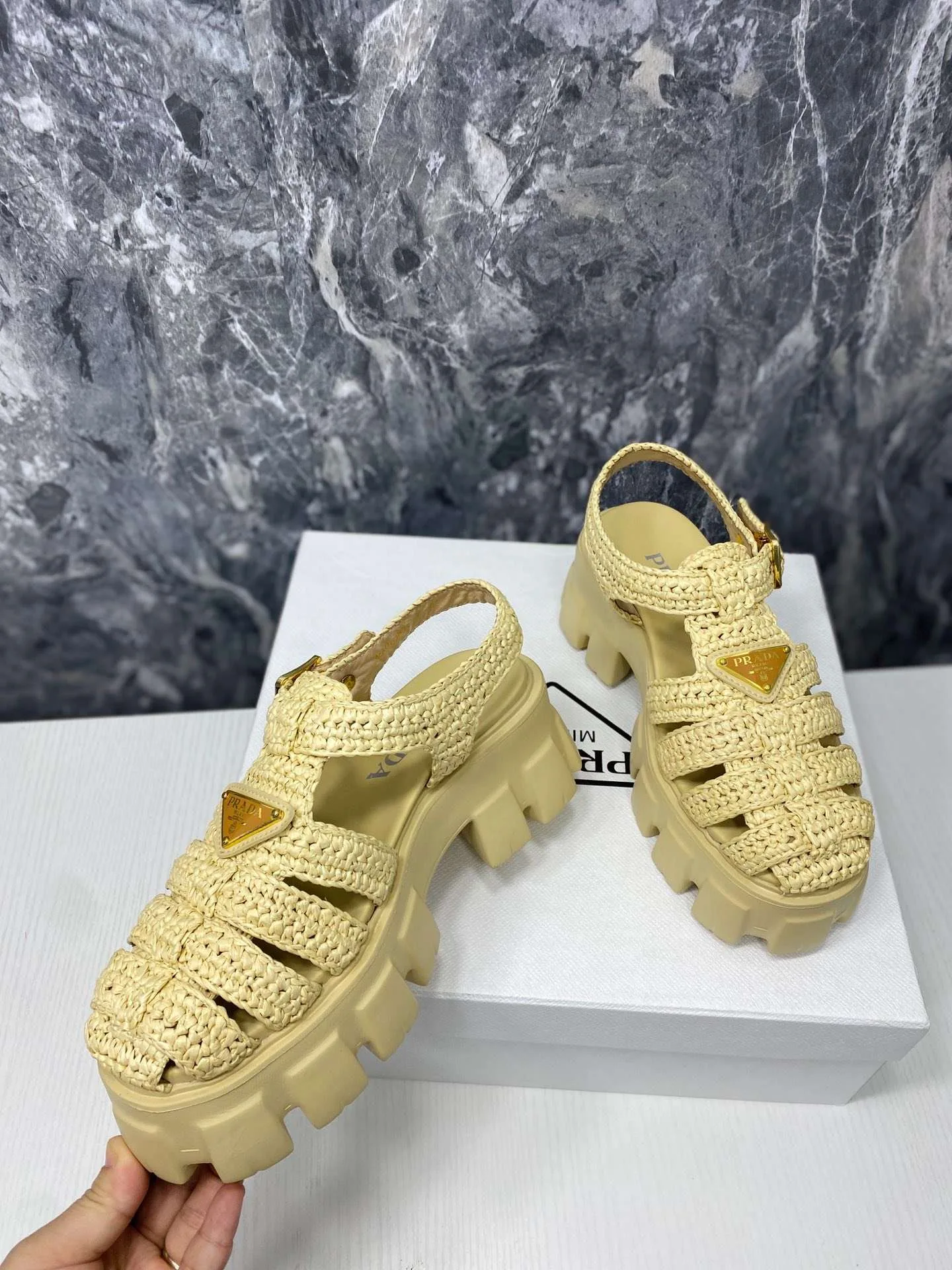 Prada Monolith Crochet Cage Sandals Yellow - Image 7