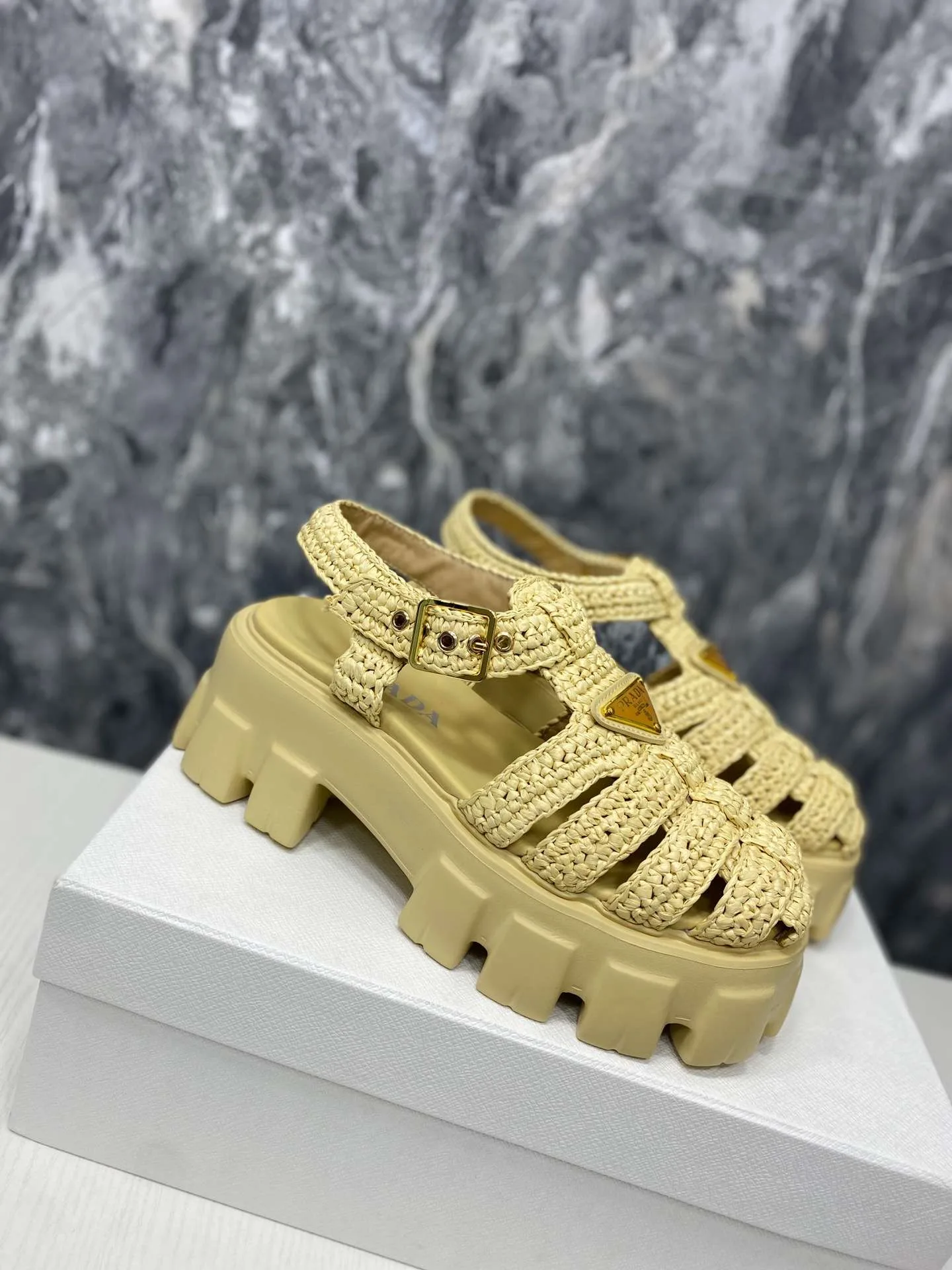 Prada Monolith Crochet Cage Sandals Yellow - Image 5