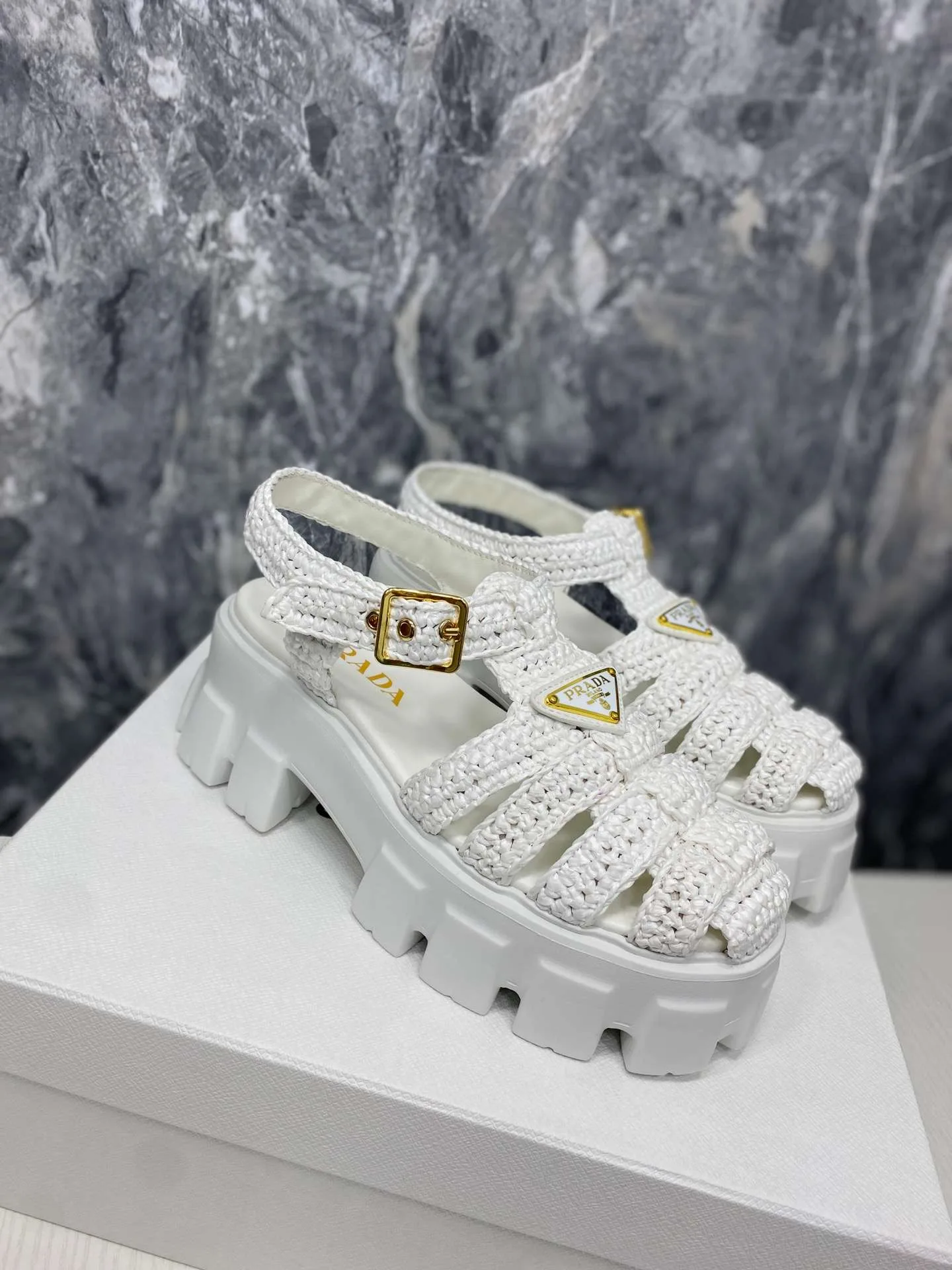 Prada Monolith Crochet Cage Sandals Pink - Image 5