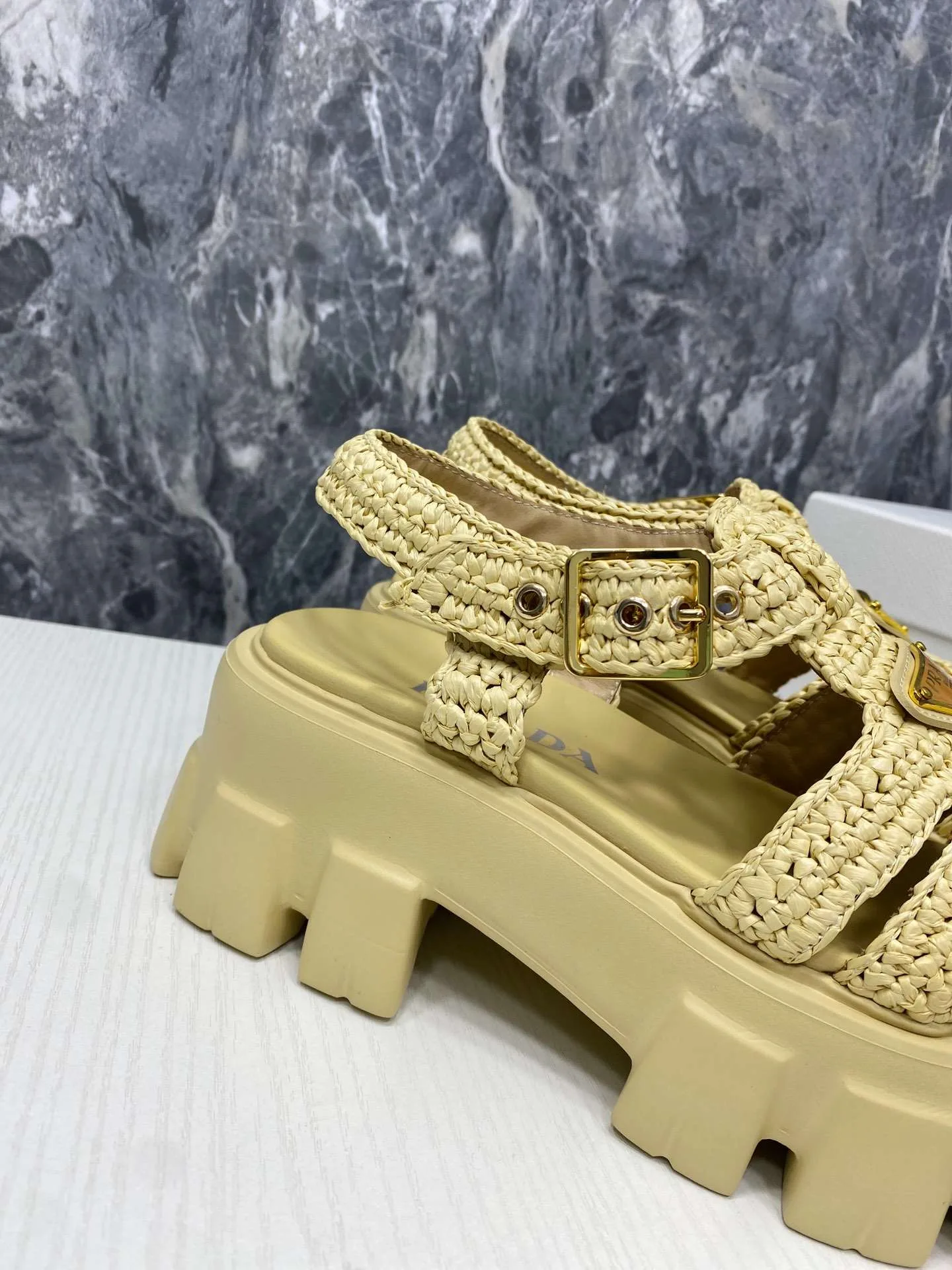 Prada Monolith Crochet Cage Sandals Yellow - Image 4