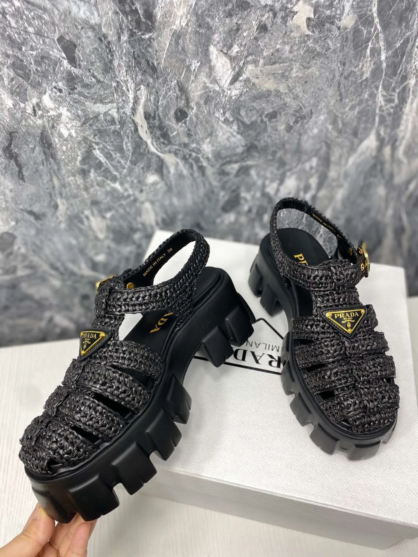 Prada Monolith Crochet Cage Sandals Black - Image 5