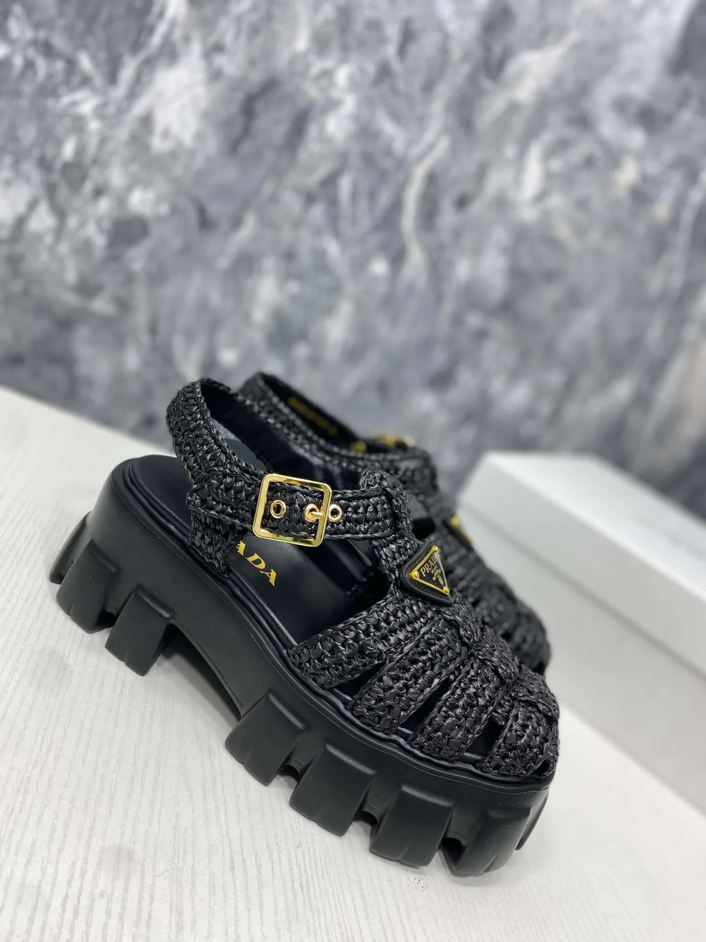 Prada Monolith Crochet Cage Sandals Black - Image 6