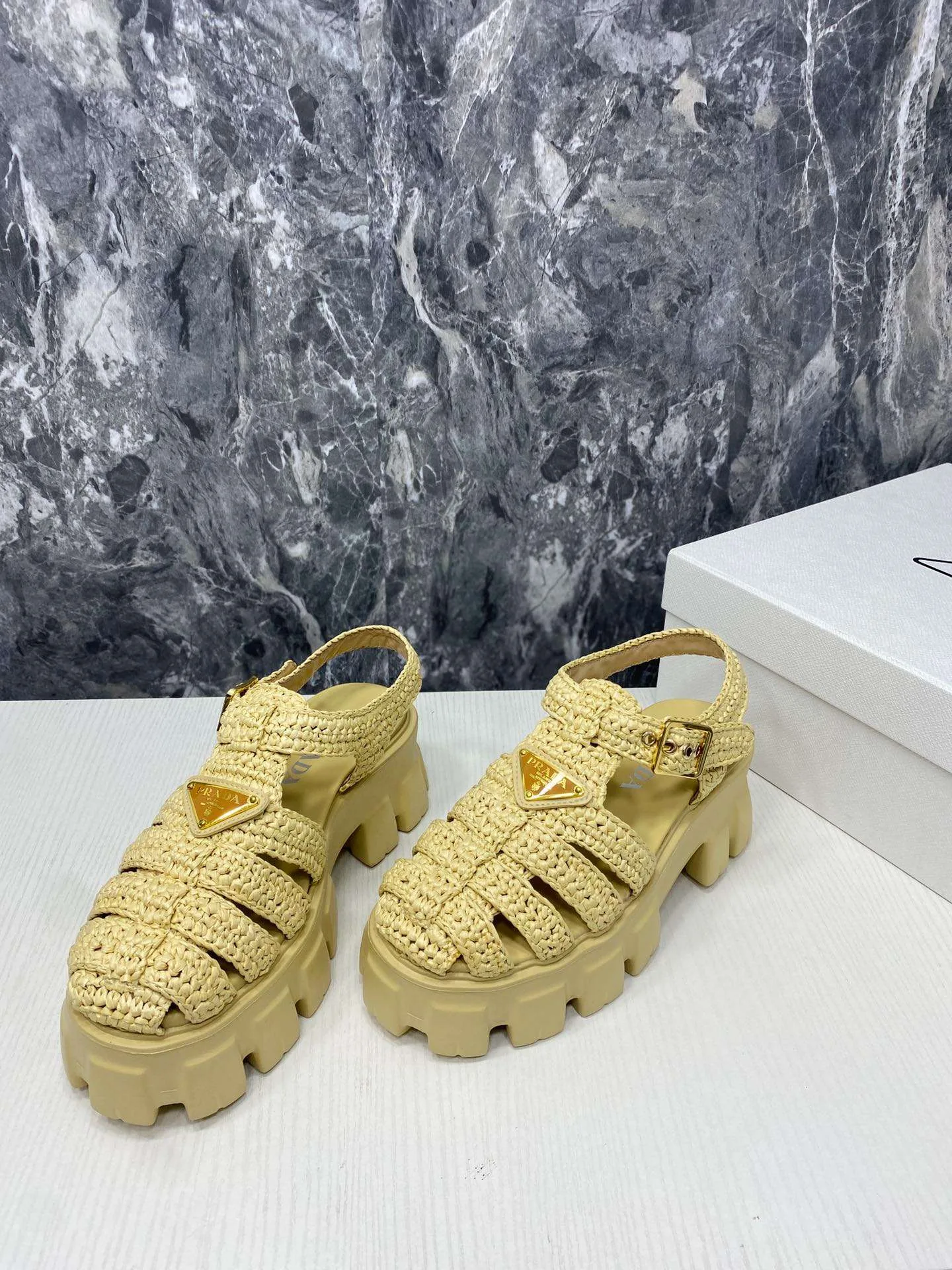 Prada Monolith Crochet Cage Sandals Yellow - Image 3