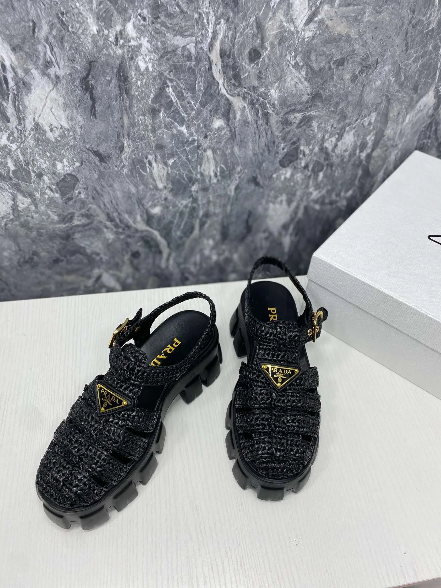 Prada Monolith Crochet Cage Sandals Black - Image 9