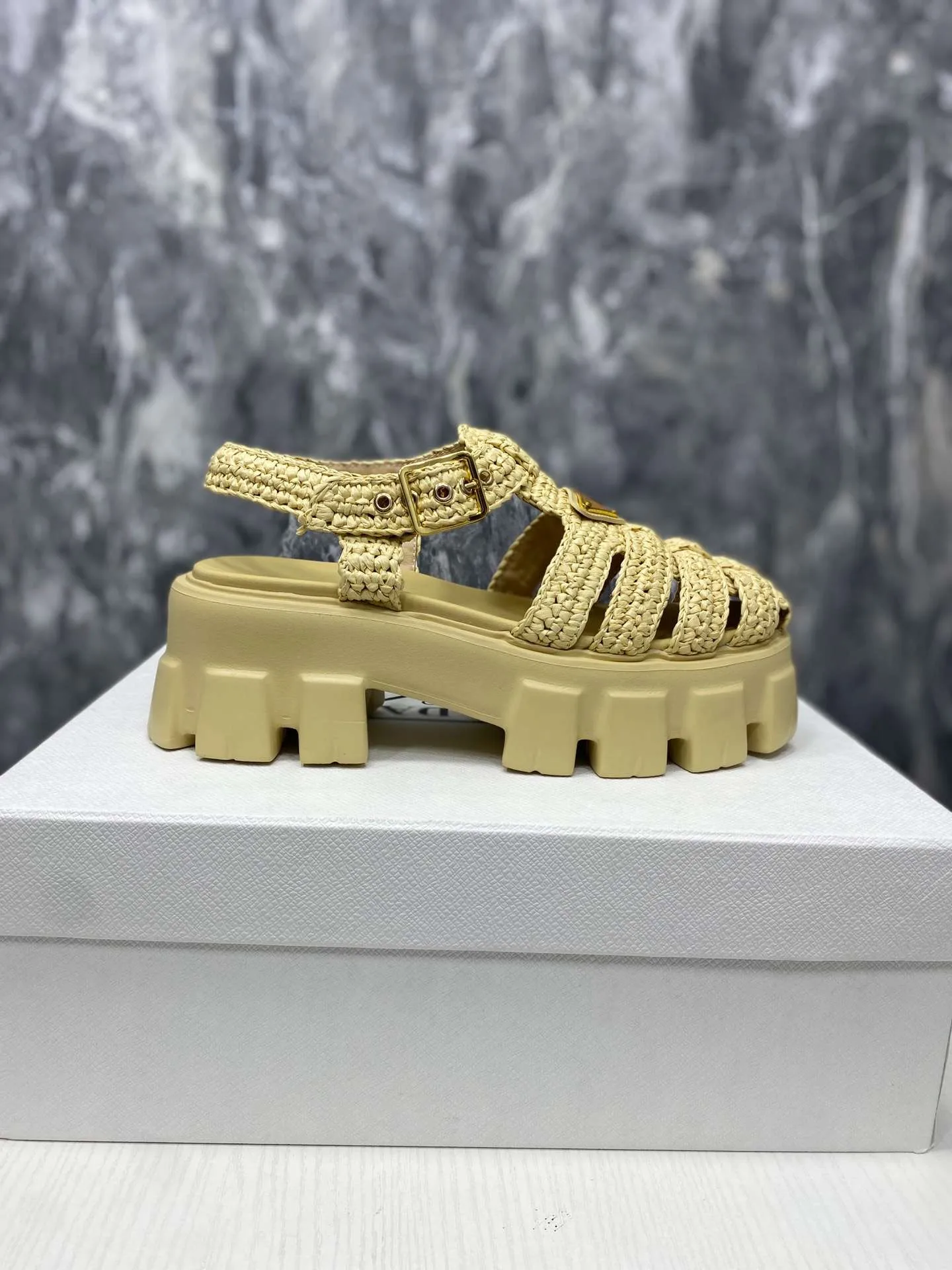Prada Monolith Crochet Cage Sandals Yellow - Image 9