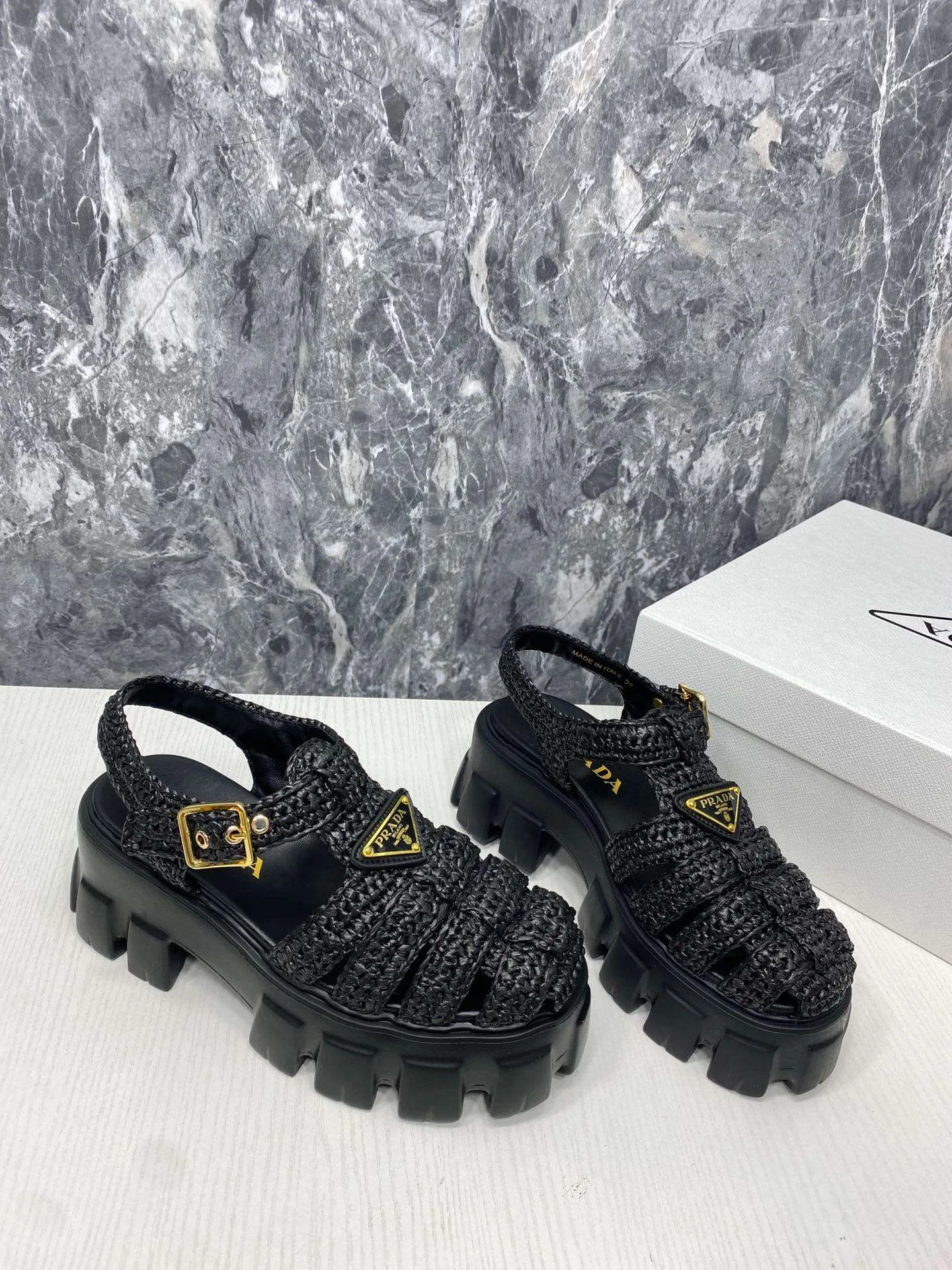 Prada Monolith Crochet Cage Sandals Black - Image 8