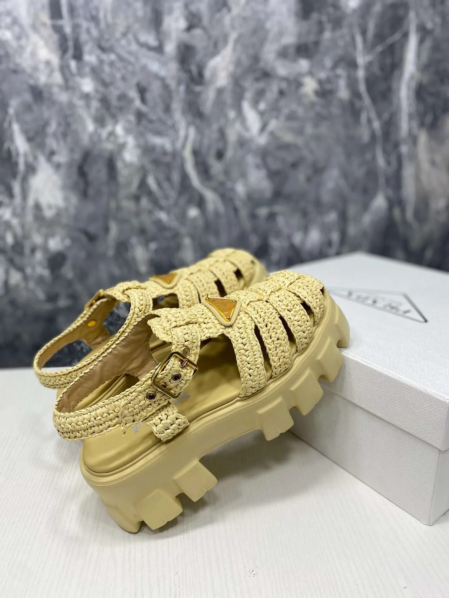 Alternative view of Prada Monolith Crochet Cage Sandals Yellow
