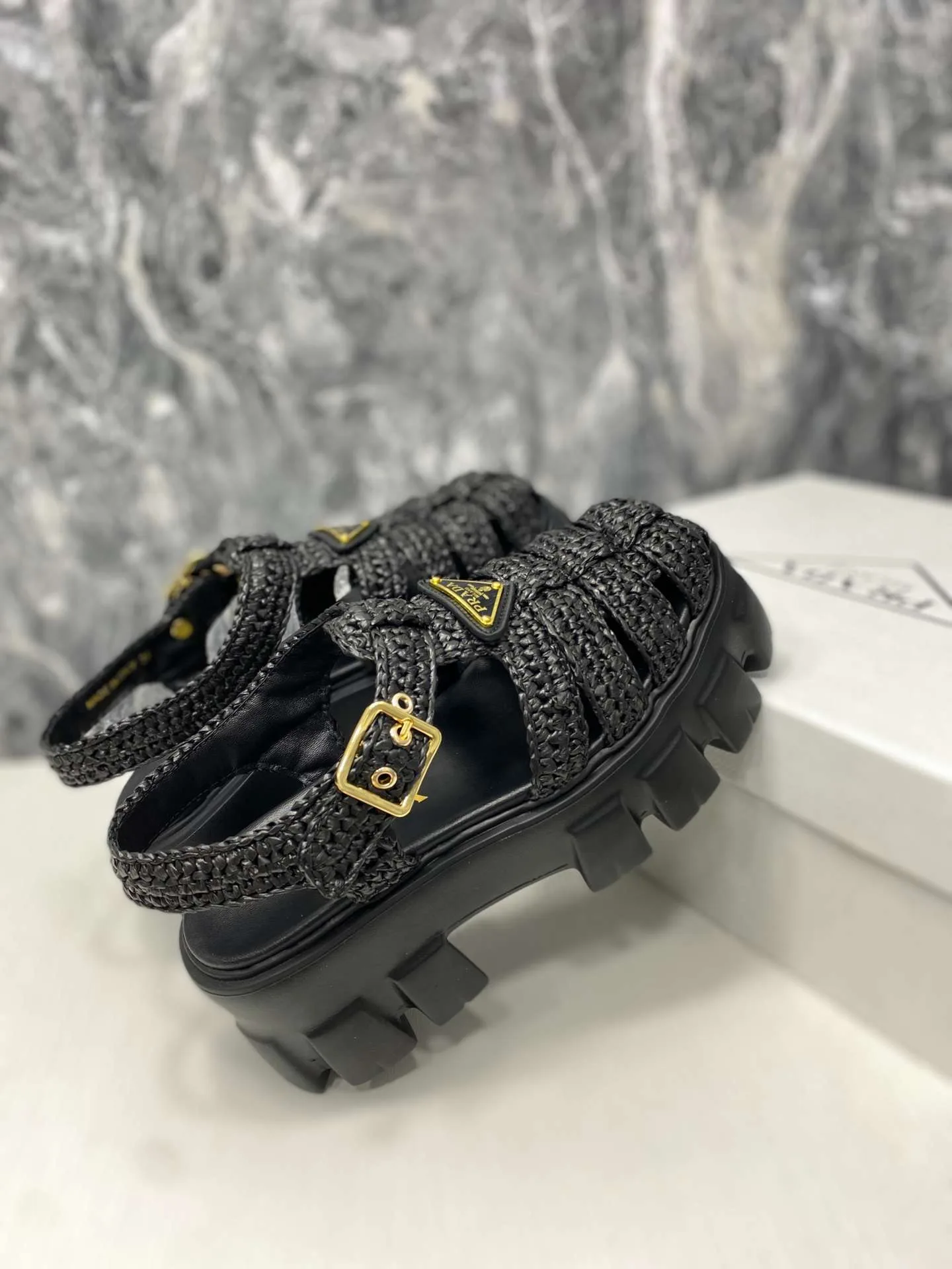 Alternative view of Prada Monolith Crochet Cage Sandals Black