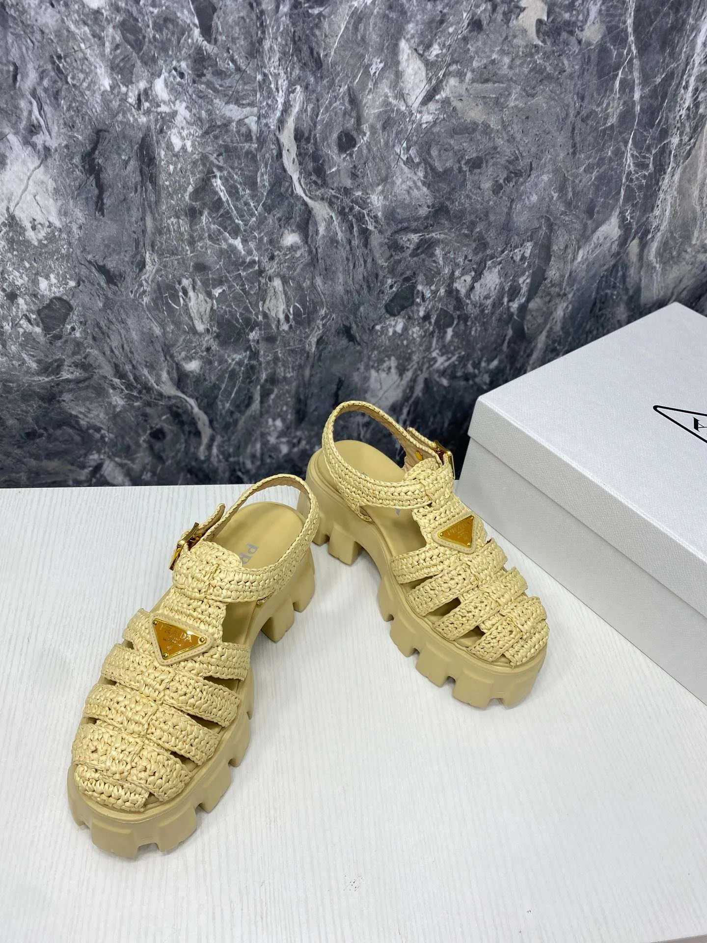 Prada Monolith Crochet Cage Sandals Yellow - Image 10