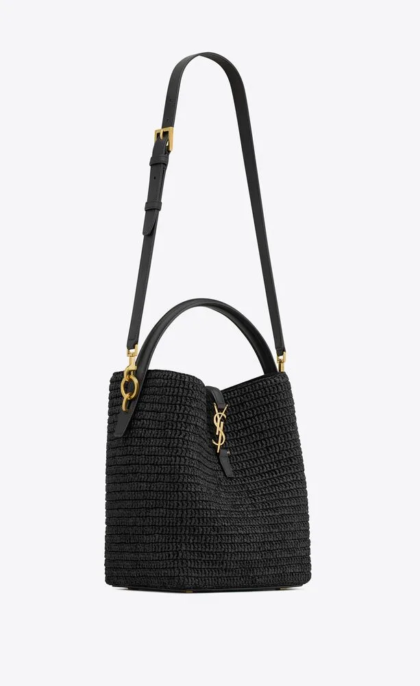 Saint Laurent Le Woven Raffia And Vegetable-Tanned Black 9.8 Inches/ - Image 3