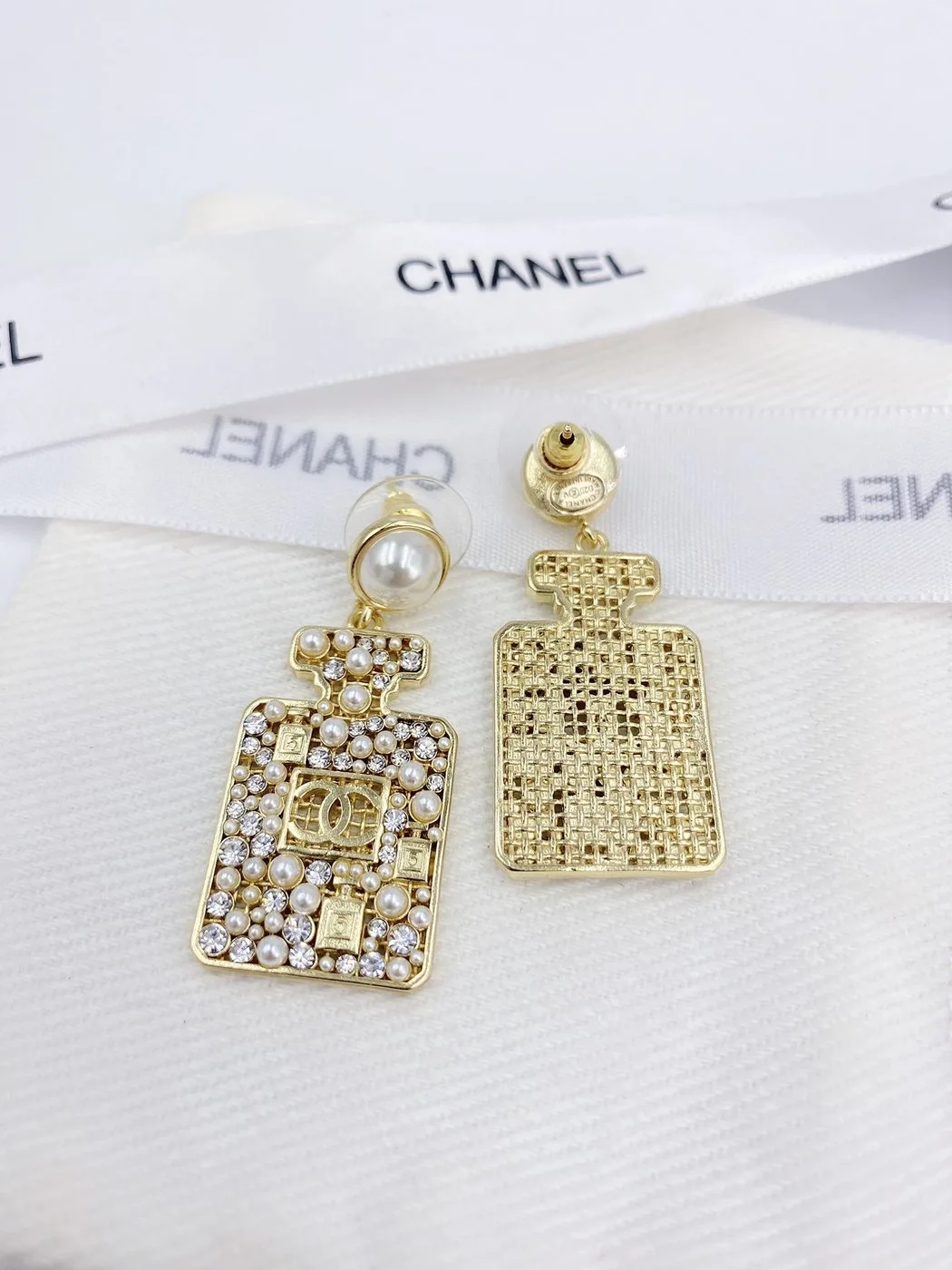 Chanel Perfume Bottle Earrings Gold Tone - Image 2
