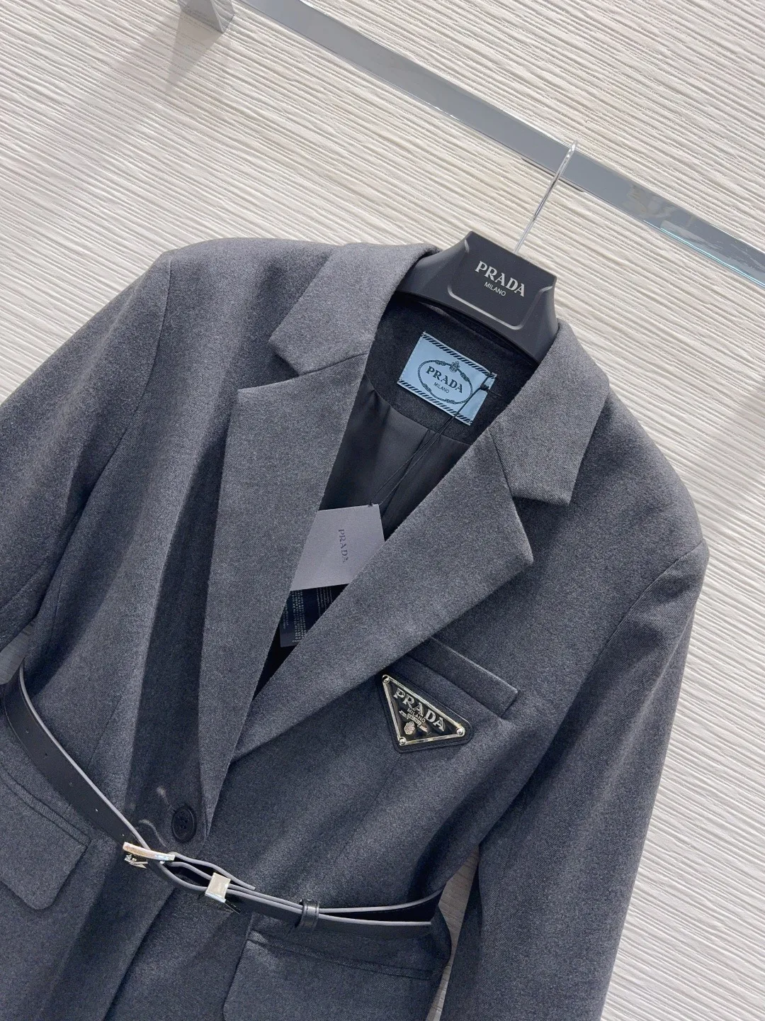 Prada Belted Tailored Blazer With Triangle Logo Grey - Image 3