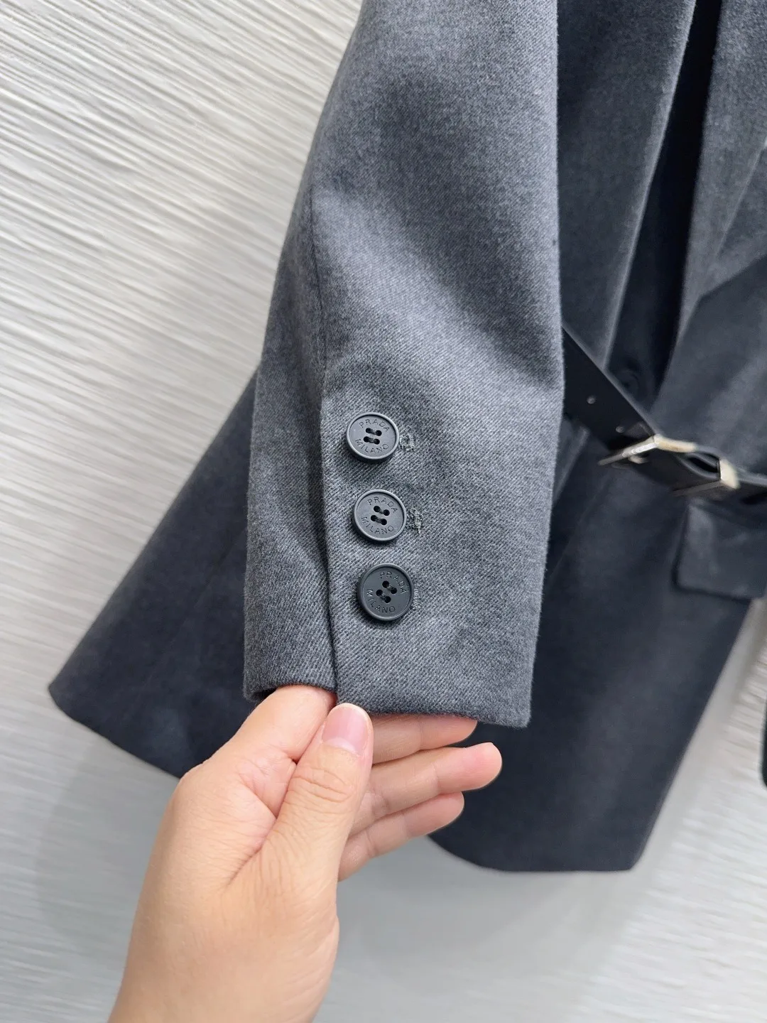 Prada Belted Tailored Blazer With Triangle Logo Grey - Image 6