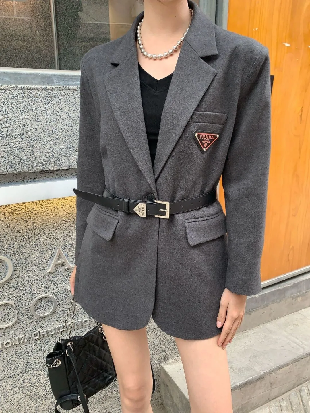 Alternative view of Prada Belted Tailored Blazer With Triangle Logo Grey