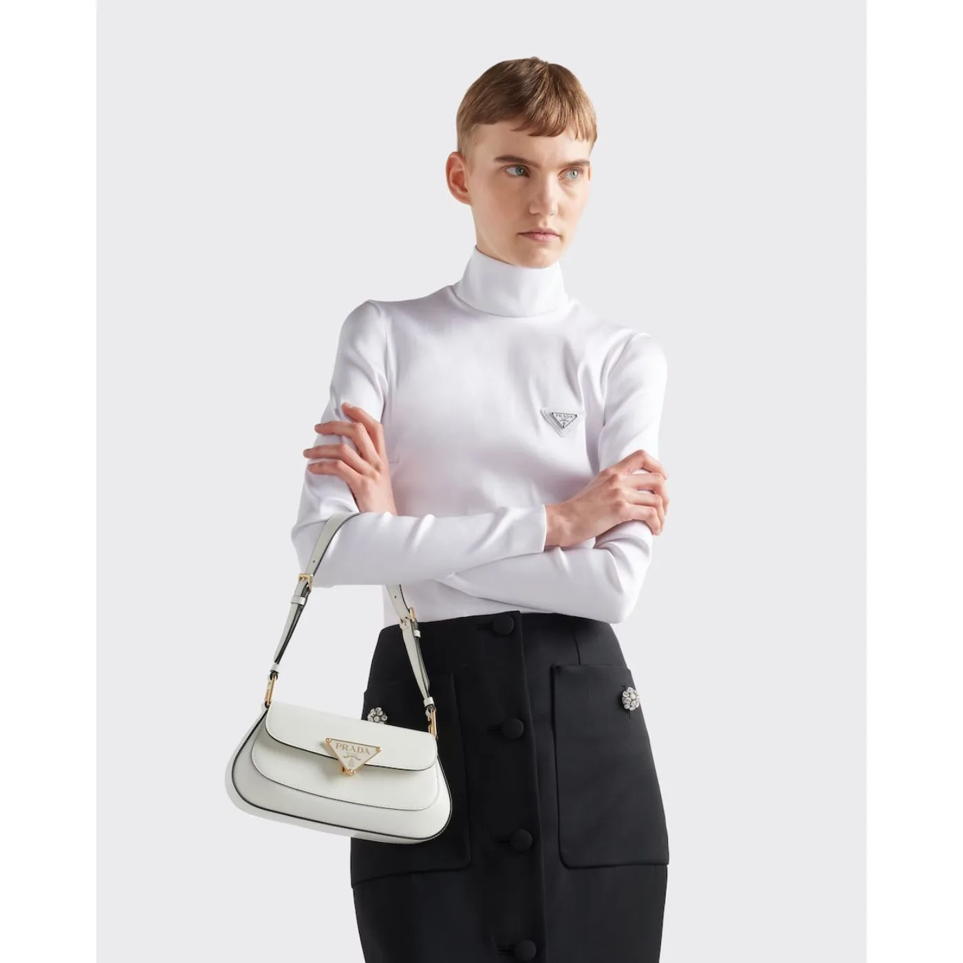 Prada Brushed Leather Shoulder White Bag 1BD345_ZO6_F02EU_V_HTO- / 9.4 Inches - Image 3