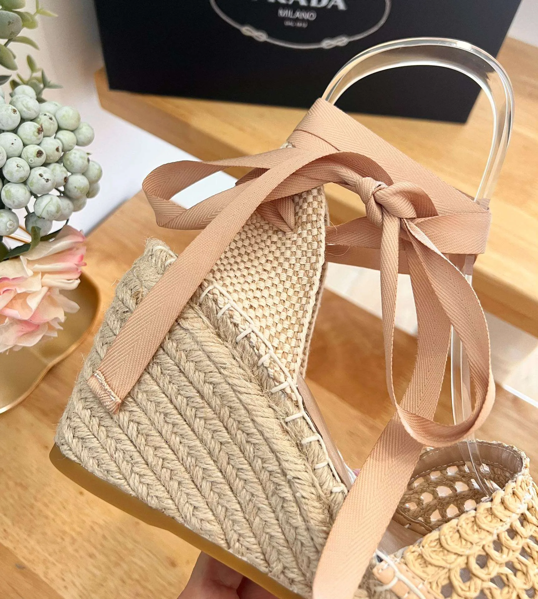 Linen Espadrille Wedge Sandals Beige - Image 5