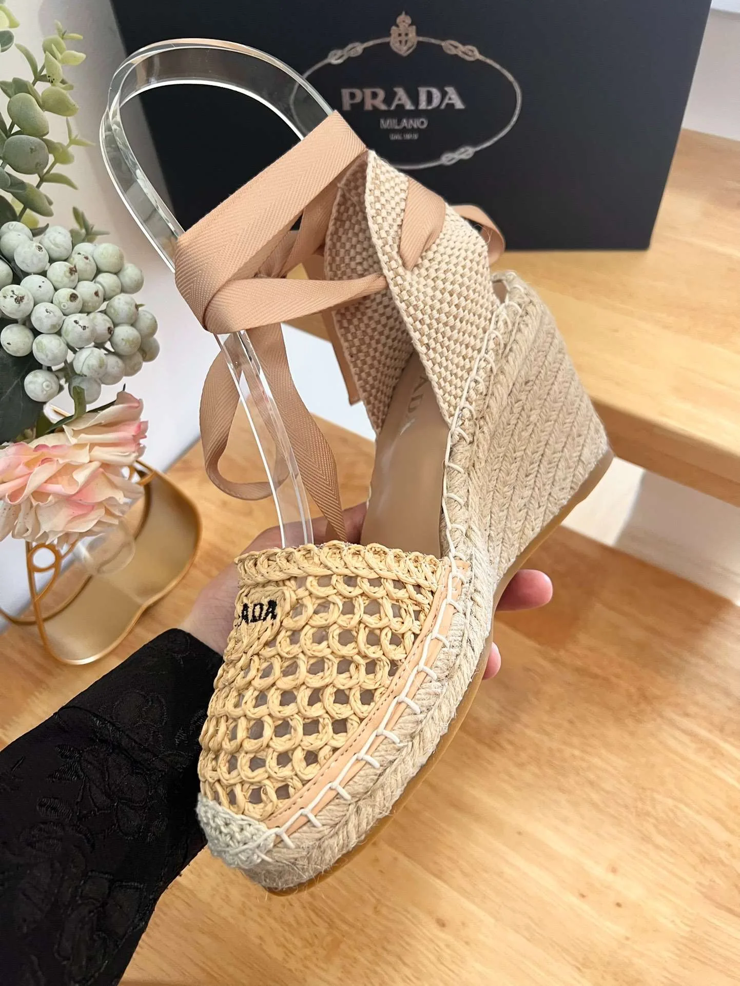 Linen Espadrille Wedge Sandals Beige - Image 4